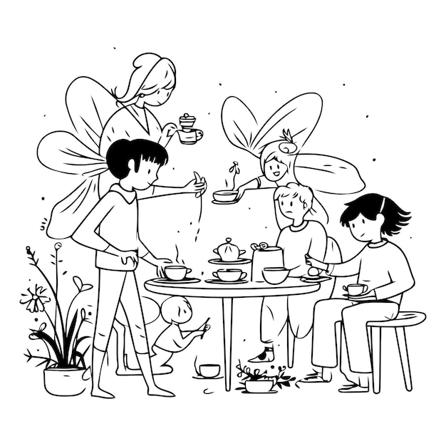 Семья сидит за столом в кафе Мать отец и дети пьют чай