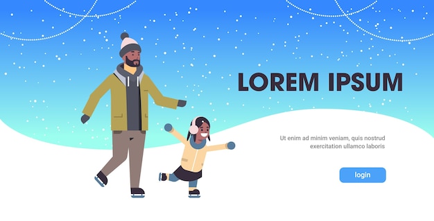 Family skating on ice rink winter sport activity recreation at holidays concept african american father and daughter spending time together full length copy space horizontal vector illustration