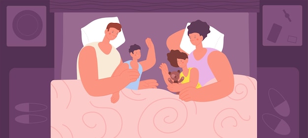 Семейный сон Родители спят с детьми в постели, ночной родительский портрет Расслабляющие вместе заботливые дети Мать, отец, сын и дочь, произносят векторные символы