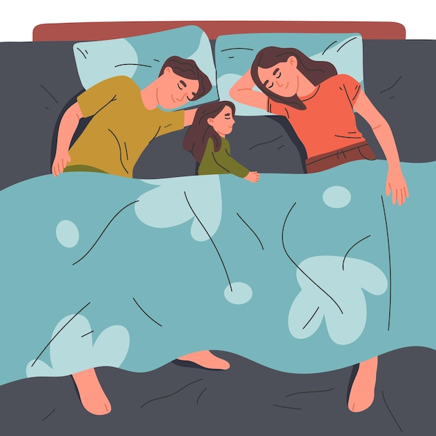 Vector family sleeping in bed under blanket couple with kid resting in bed asleep characters isolated flat vector illustration on white background