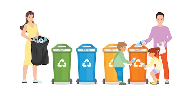 Vector family sorting garbage into garbage collector on  on white background.