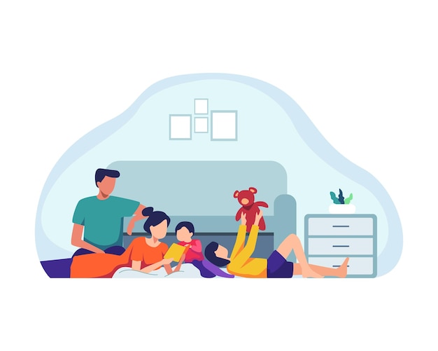 Family spending time together. Parents and children at home, Mother and Father playing with kids at home. Family indoor activity, happy dad, mom and kids playing. Vector illustration in a flat style