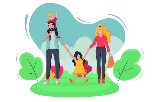 The family spends all time to walking around park Flat Design illustration vector