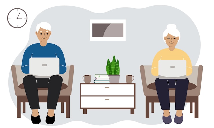 Vector the family spends time together at home, grandparents are relaxing in the living room using a laptop. family evening modern pensioners, flat vector