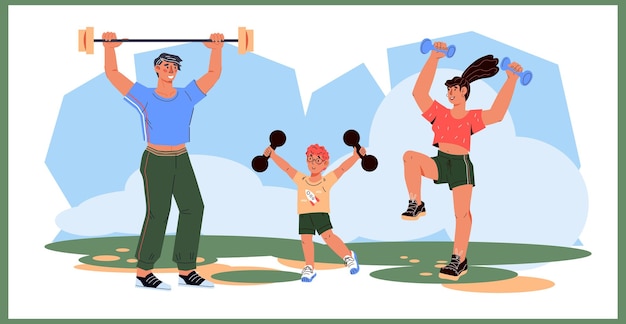 Family sport and health activity Exercise in park flat vector illustration