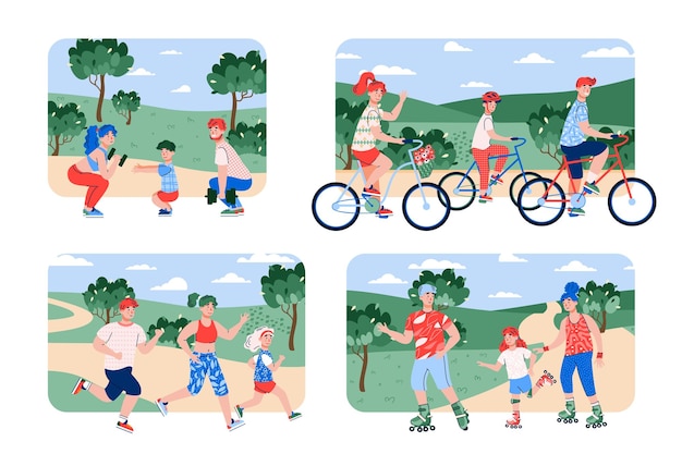 family sport set of people in outdoor sport activity flat vector illustration