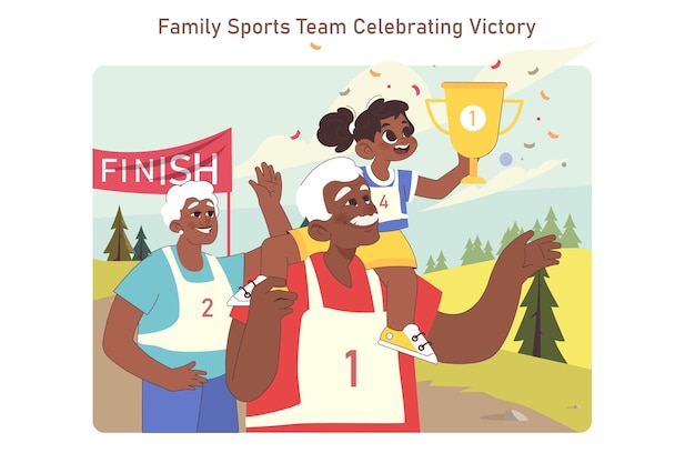 Family sports day Active parents and children lifestyle Fitness competition and festival Family in sportswear participate in competitive sporting activities Flat vector illustration