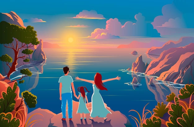 La famiglia sta sul bordo di una scogliera con una splendida vista sulla natura e ammira il tramonto e il paesaggio