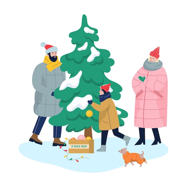 家族はクリスマスツリーに立っています。暖かい服を着た母、父、息子は、伝統的な休日の装飾で外の木を飾ります。幸せな人々。スタイルのイラスト