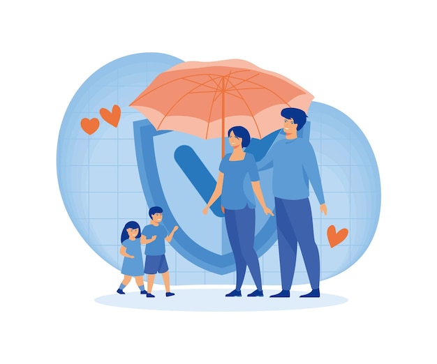 Vector family standing under insurance umbrella together shield protection for parents and children health and life insurance concept for banner flat vector modern illustration