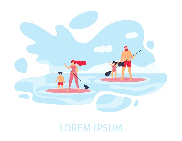 Family Standup Paddleboarding Flat Vector Banner