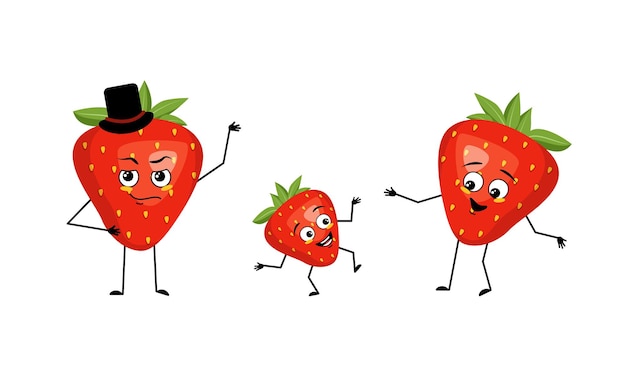 Family of strawberry characters with happy emotions, smile\
face, happy eyes, arms and legs. mom is happy, dad is wearing hat\
and child is dancing. vector flat illustration