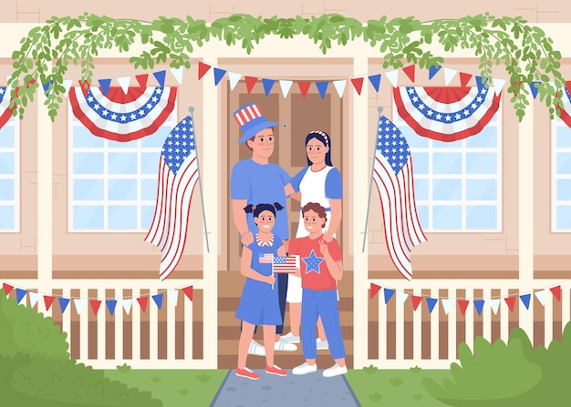 Family style independence day celebration flat color vector illustration