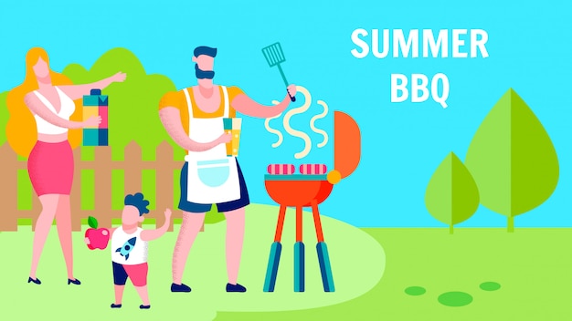 Vettore modello di banner piatto di famiglia estate barbecue partito