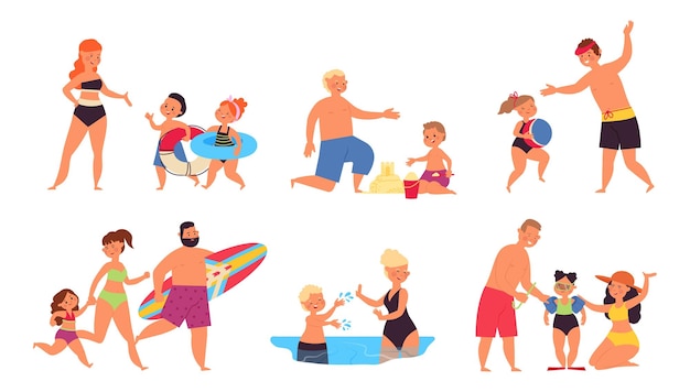 Family summer vacation Dad relaxed ocean happy holidays Mother father and children on beach Cartoon people walking and swimming decent vector set