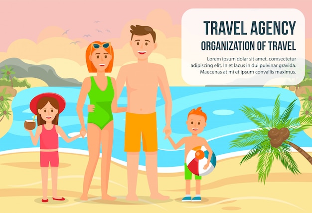 Vector family on summer vacation flat horizontal banner.