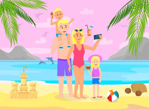 Vector family on summer vacation going to beach with palm