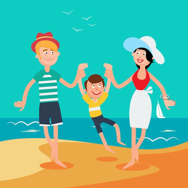 家族の夏休み。海の上の幸せな家族。
