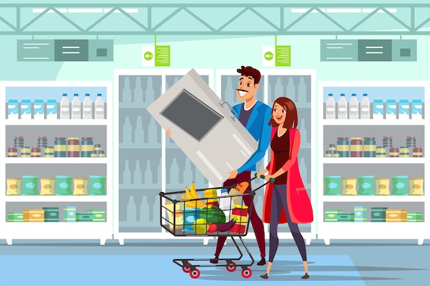 Family in supermarket wife and husband shopping woman buying organic and eco products in shop