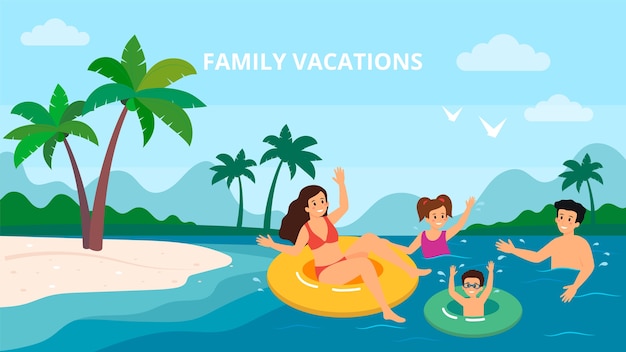 Famiglia nuoto vacanza mare mare vacanze estive genitori con due bambini illustrazione vettoriale.