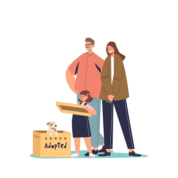family taking puppy from shelter happy parents and girl kid adopting dog people taking home pet