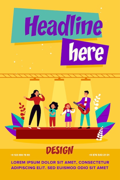 family talent show. woman and children singing with mic, man playing guitar on stage flat vector illustration