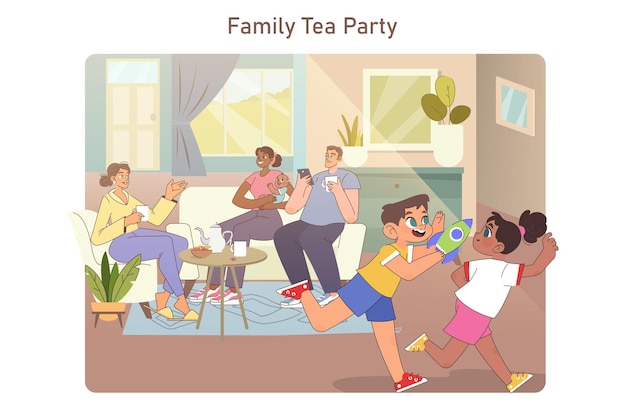 Вектор Семейное чаепитие семья собирается дома дети кузенов играют друг с другом, пока взрослые пьют чай и разговаривают плоская векторная иллюстрация