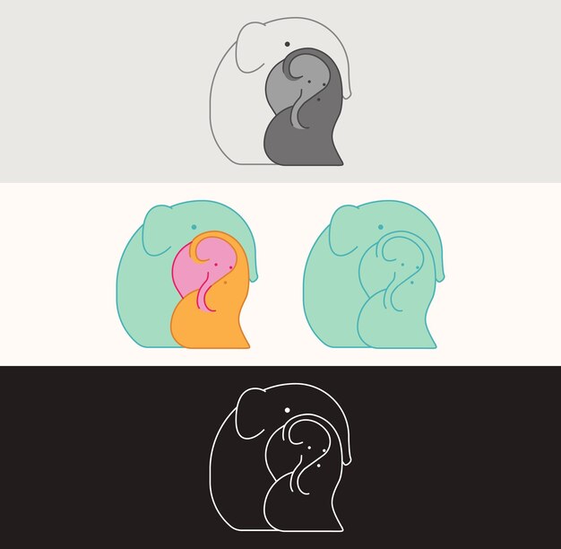 Family of three elephants hugging each other logo vector color and line