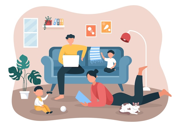 Vector family time of joyful parents and children spending time together at home doing various relaxing activities in cartoon flat illustration for poster or background