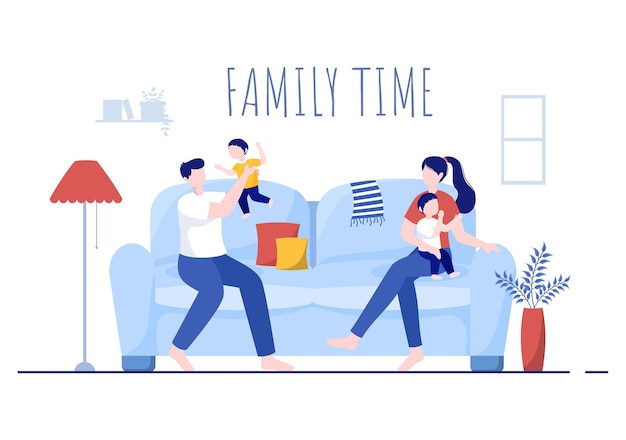 Vector family time of joyful parents and children spending time together at home doing various relaxing activities in cartoon flat illustration for poster or background