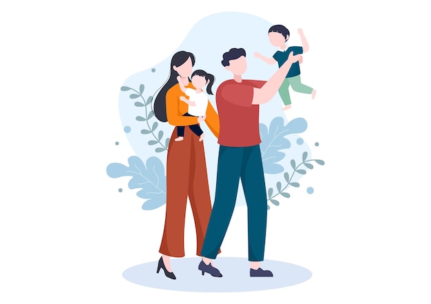 Family time of joyful parents and children spending time together at home doing various relaxing activities in cartoon flat illustration for poster or background