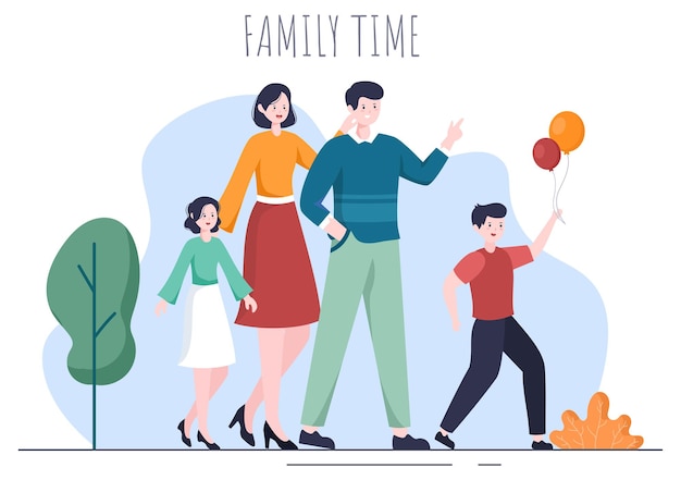 Vector family time of joyful parents and children spending time together at park doing various relaxing activities in cartoon flat illustration for poster or background