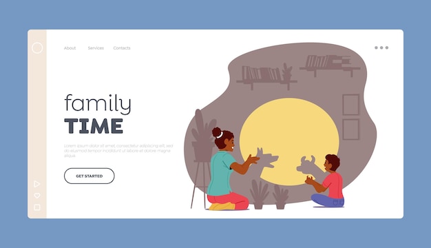 벡터 가족 시간 방문 페이지 템플릿 엄마와 어린 아들 캐릭터가 홈 섀도우 시어터와 함께 즐거운 시간을 보냅니다.