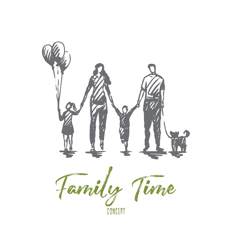 Vector family time, mother, kids, happy, father concept. hand drawn happy family walking outside concept sketch. 