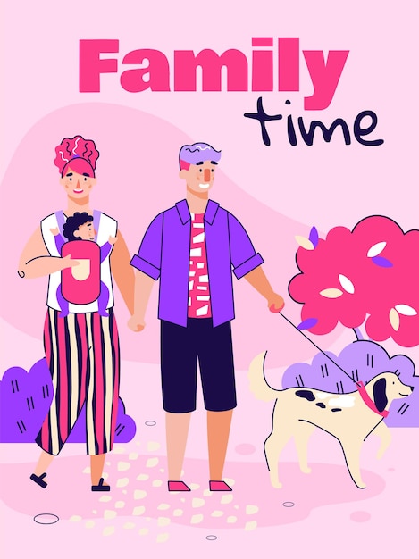 Family time poster with cartoon parents walking in park with child on baby sling