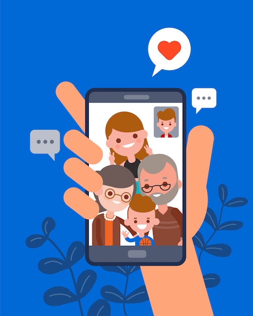 Family time together illustration. man chatting with his family using video call app on smartphone. human hand hold smartphone device. flat design cartoon characters