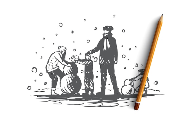 Family, togetherness, winter, christmas happiness  concept. parents and two children build a snowman. hand drawn sketch  illustration