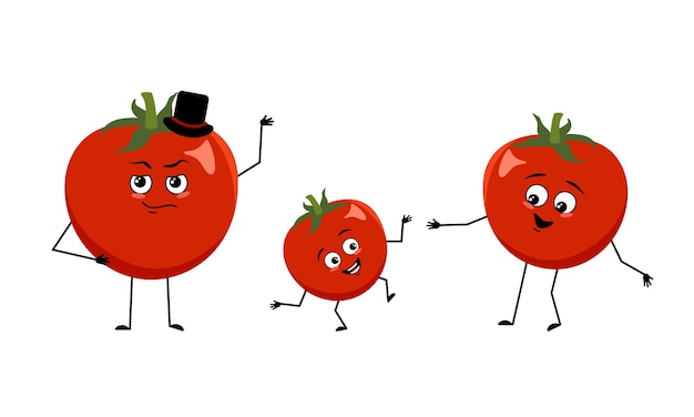 Famiglia di personaggi del pomodoro con emozioni felici, faccia sorridente, occhi felici, braccia e gambe. la mamma è felice, il papà indossa il cappello e il bambino balla. illustrazione piatta vettoriale