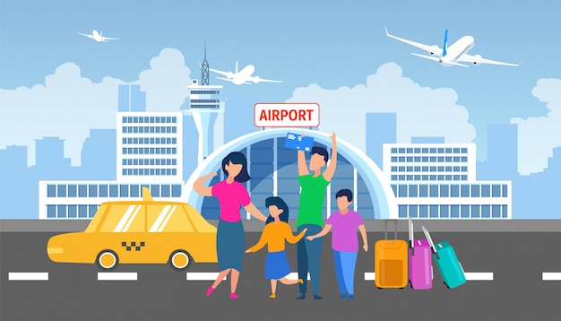 Vector family transfer to airport with taxi flat vector