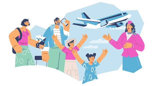 Family travel banner concept with people going to travel by plane during their vacation