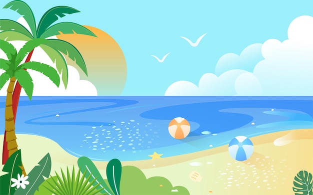 Family travel by the beach in summer with sea and trees in the background vector illustration