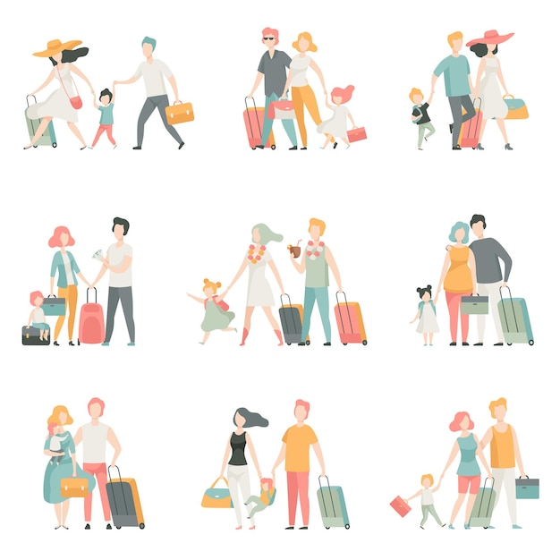 Family travel set father mother and kids characters travelling together happy family vector
