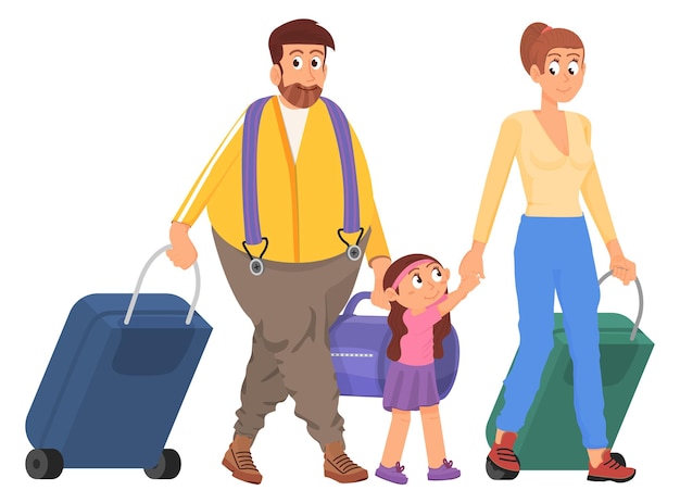 Vector family travel with suitcases parents and kid with luggage