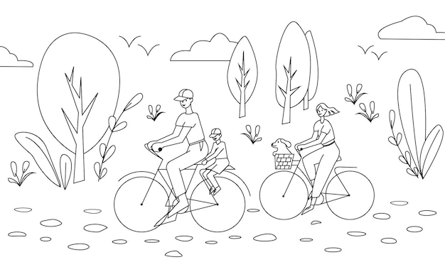 Family traveling on bike Parents dog and children cycling Doodle style