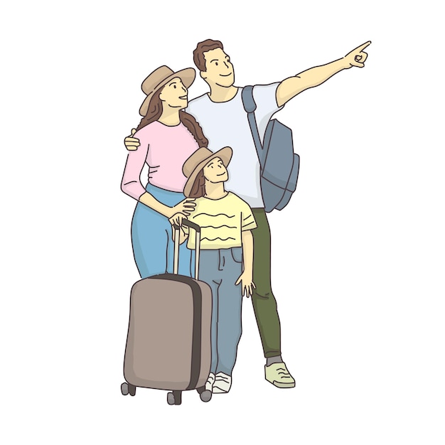 family traveling vacation holiday suitcase pointing