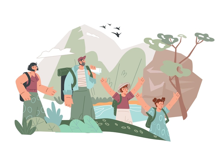 Vector family traveling with backpacks in mountains flat vector illustration isolated