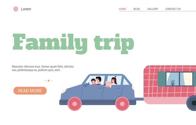 Family trip web banner template with family driving in their car with trailer cartoon vector illustration Summer car traveling and camping recreation webpage