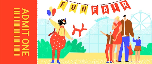 Family two kids clown funfair parents children enjoy carnival clown balloons amusement park