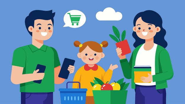 A family using cashback apps to receive rebates on their purchases while grocery shopping