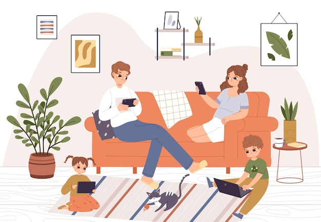 family using gadgets at home evening in living room adults and kids social media and internet addiction people chatting and studying snugly vector scene